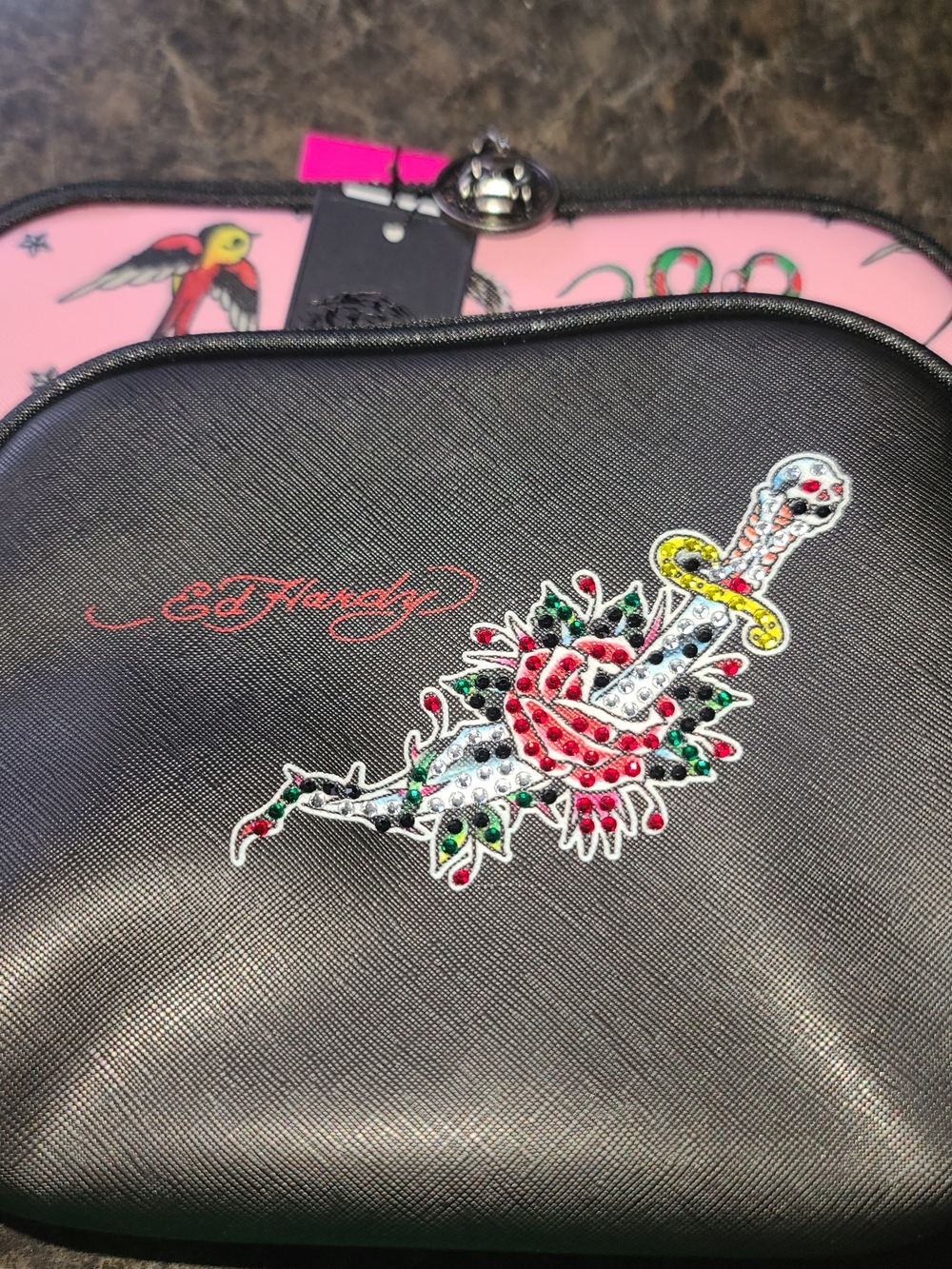 Ed Hardy Black Cosmetic Pouch with Red Rose and Jeweled Dagger 2pc NWOT